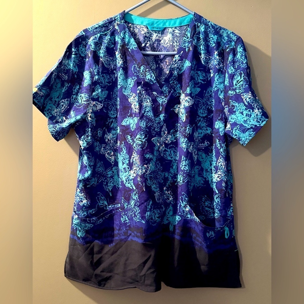 Carhartt V-Neck Women's Sz L Scrub Top Butterfly‎ Design